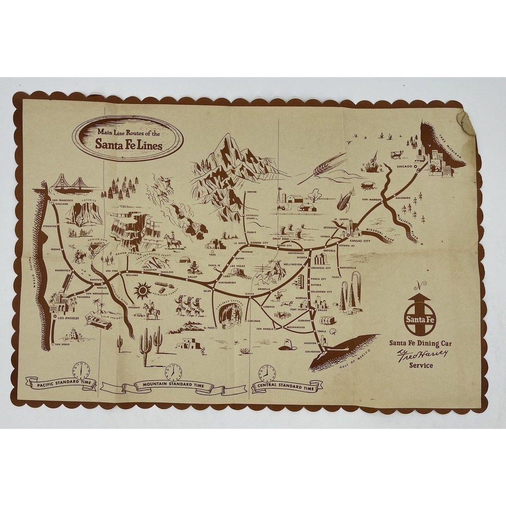 Vintage Illustrated Map Santa Fe Railroad Texas New Mexico 1950s Santa Fe Line